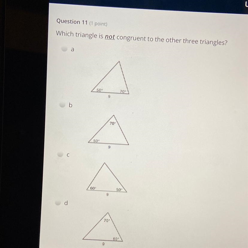 Which triangle is not congruent to the other three triangles?-example-1