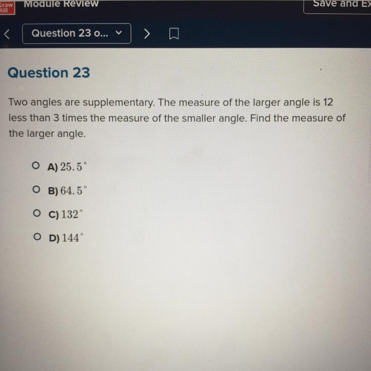 Two angles are supplementary. The measure of the larger angle is 12 less than 3 times-example-1