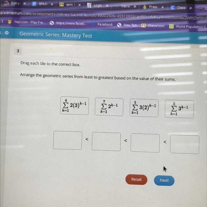 Drag each tile to the correct box.Arrange the geometric series from least to greatest-example-1