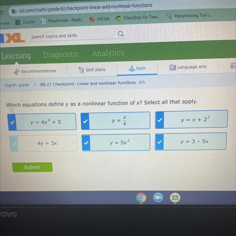 Which equations define y as a nonlinear function of x? Select all that apply-example-1