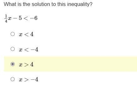 Need help Asap for 25 points What is the solution to this inequality? 14x−5<−6 Responses-example-1