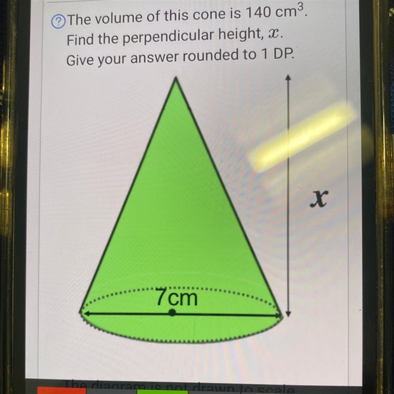 The volume of this cone is 140 cm3 Find the perpendicular height, c. Give your answer-example-1