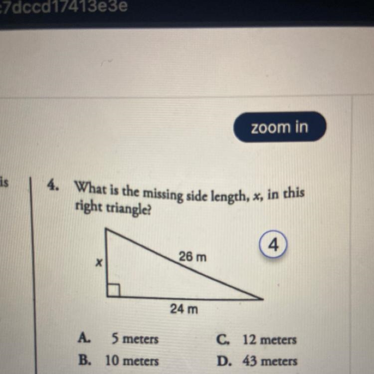 What is the missing side length, x, in this right triangle? X A. 5 meters B. 10 meters-example-1