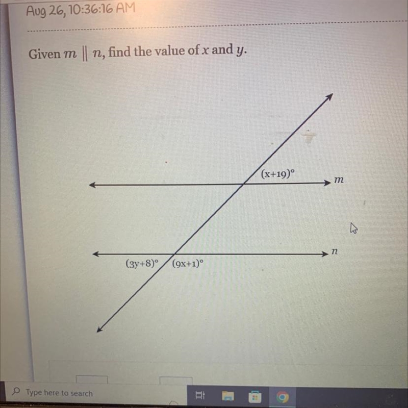 Given m ||n, find the value of x and y. (3y+8) (9x+1)° (x+19)° m n-example-1