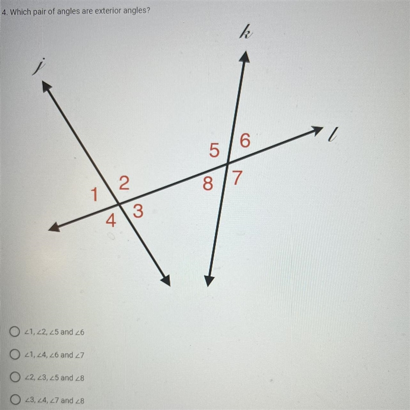 Which pair of angles are exterior angles?-example-1