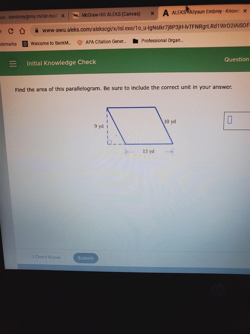 Find the area of this parallelogram in unit9yd13 yd10 yd-example-1