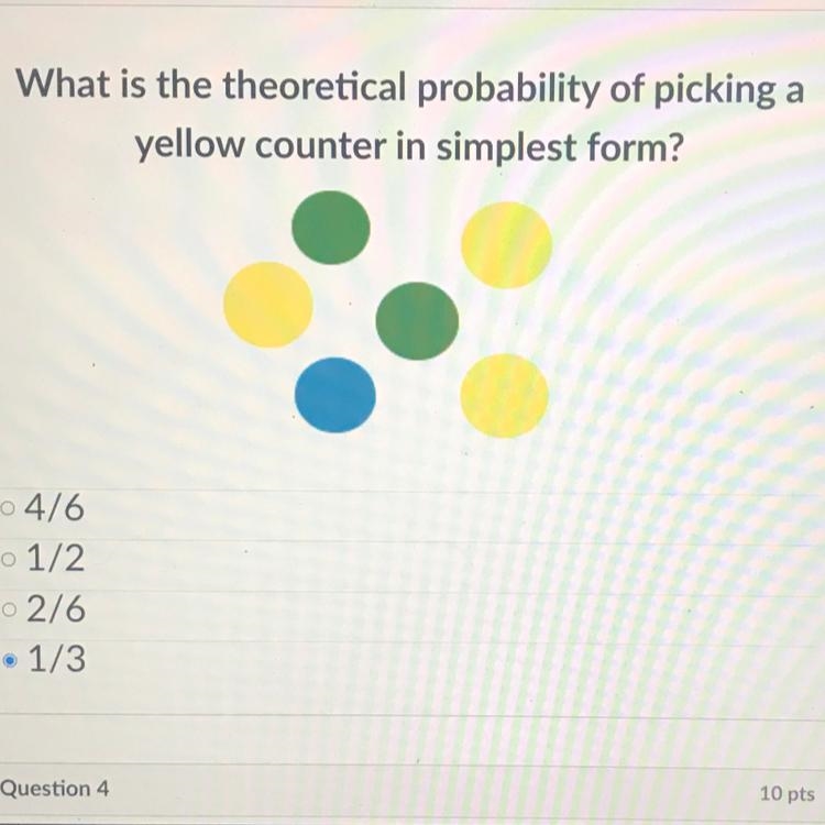 What is the theoretical probability of picking a yellow counter in simplest form? 4/6 1/2 2/6 1/3-example-1