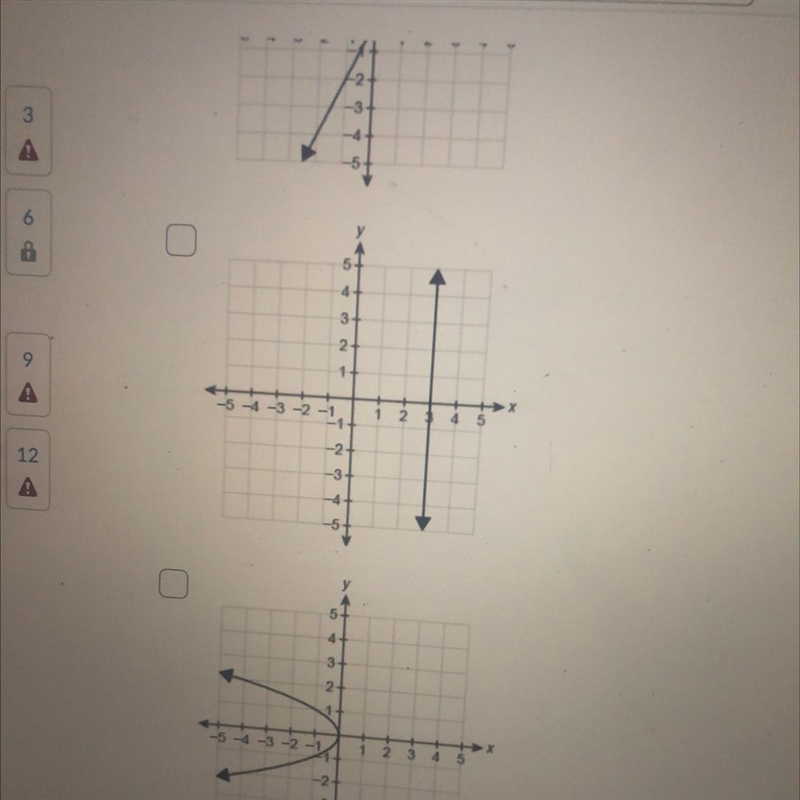 Select all of the relations that ARE functions. Select 2 correct answer(s)-example-1