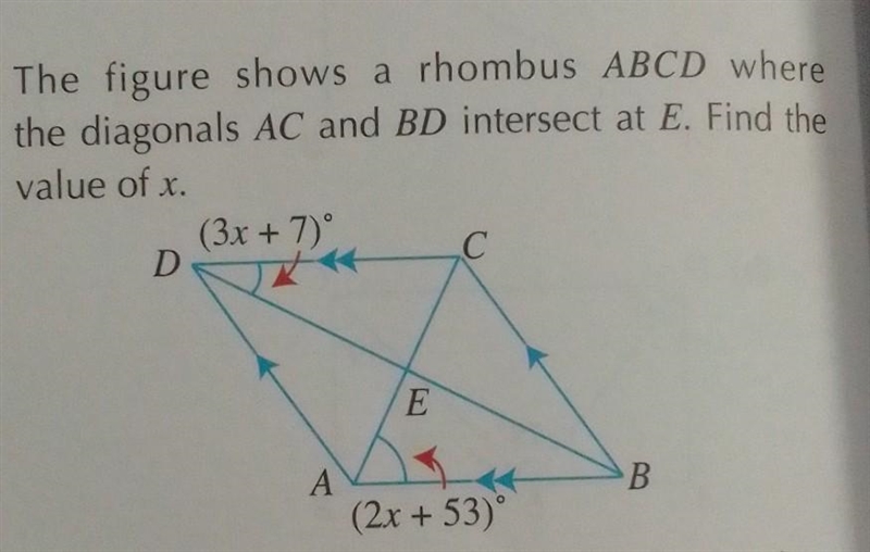 The figure shows a rhombus ABCD where the diagonals AC and BD intersect at E. Find-example-1