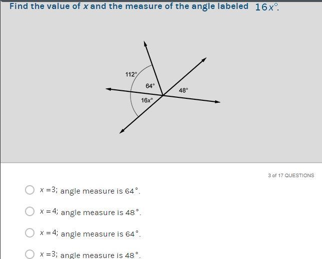 Find the value of x and measure of the angle labeled 16x.-example-1