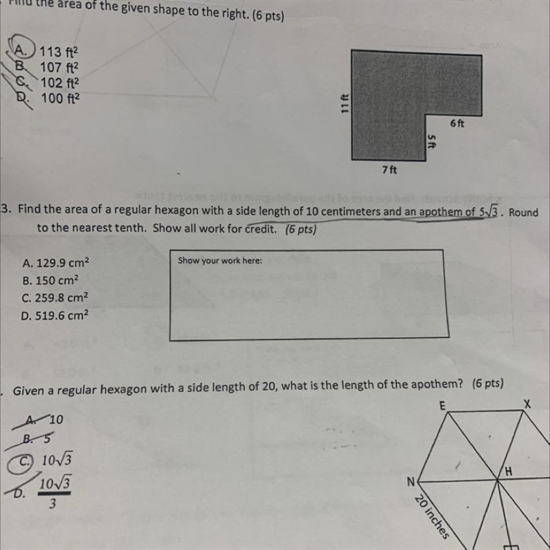 Find the area of a regular hexagon with a said length of 10 centimeters and a apothem-example-1