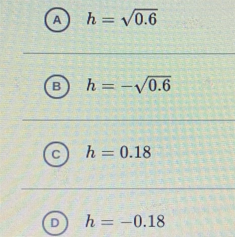 Which of the h values are solutions to the following equations? h^2=0.36-example-1