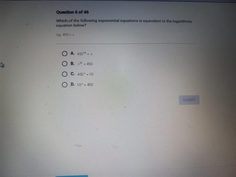 Which of the following exponential equations is equivalent to the logarithmic equation-example-1