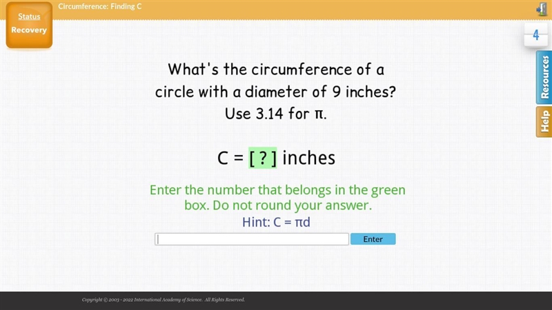 What's the circumference of a circle with a diameter of 9 inches?-example-1