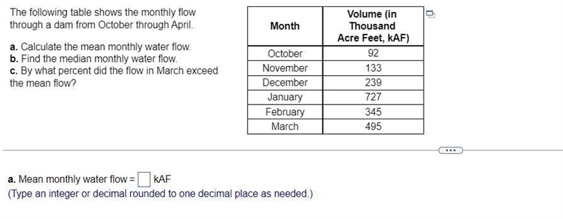 The following table shows the monthly flow through a dam from October through April-example-1