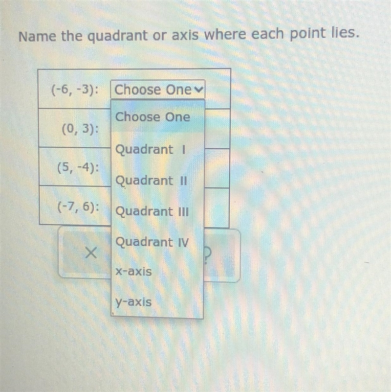 Name the quadrant or axis where each point lies.-example-1