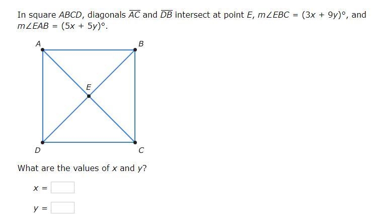 In square ABCD, diagonals AC and DB intersect at point E, m∠EBC=(3x+9y)°, and m∠EAB-example-1