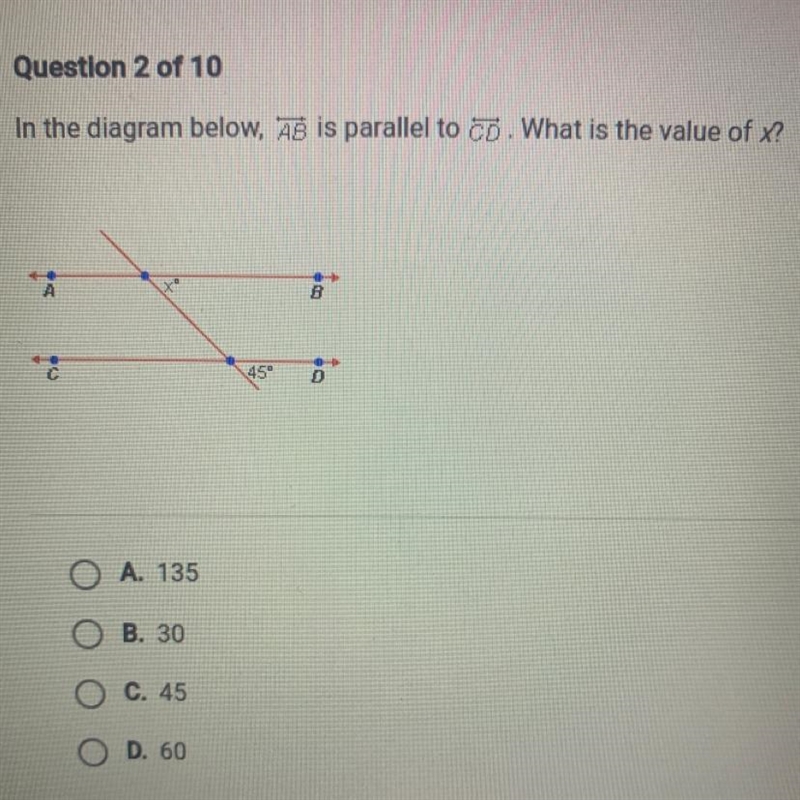 In the diagram below, AB is parallel to CD. What is the value of x?-example-1