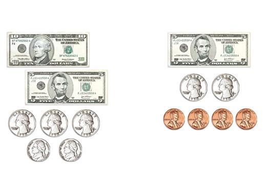 What is the sum of the two amounts of money shown? Enter your answer in the box. $-example-1