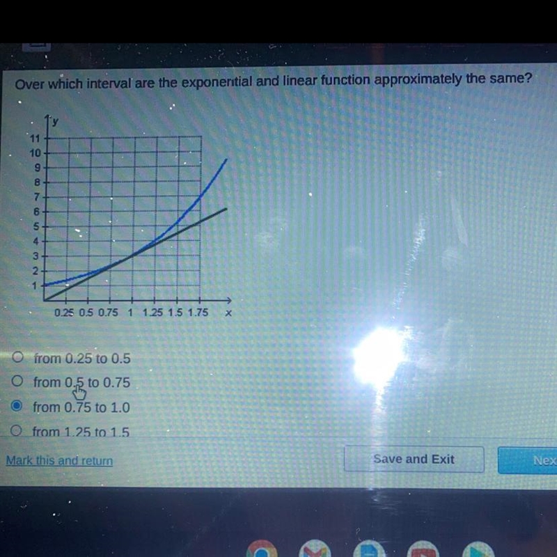 Over which interval are the exponential and linear function approximately the same-example-1