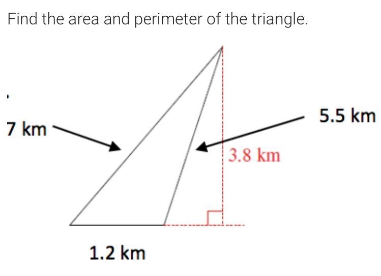 Find the area and perimeter of the triangle. See picture for problem. Please and thank-example-1