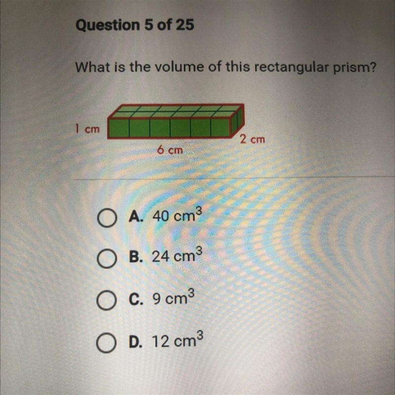 What is the volume of this rectangular prism? 1cm,6cm,2cm-example-1