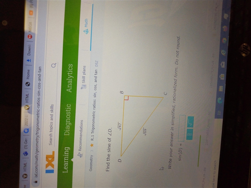 R.1 Trigonometric ratios: sin, cos and tan Find the sine of D.-example-1