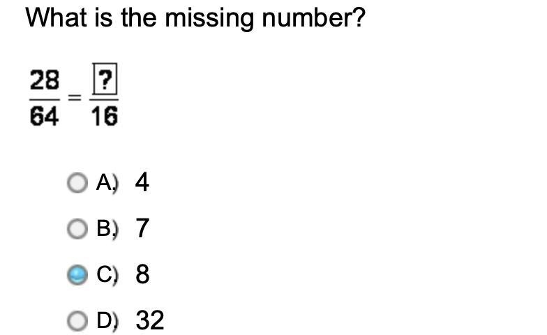 What is the missing number? 28/64 = ?/16 pls help quickly :,)-example-1