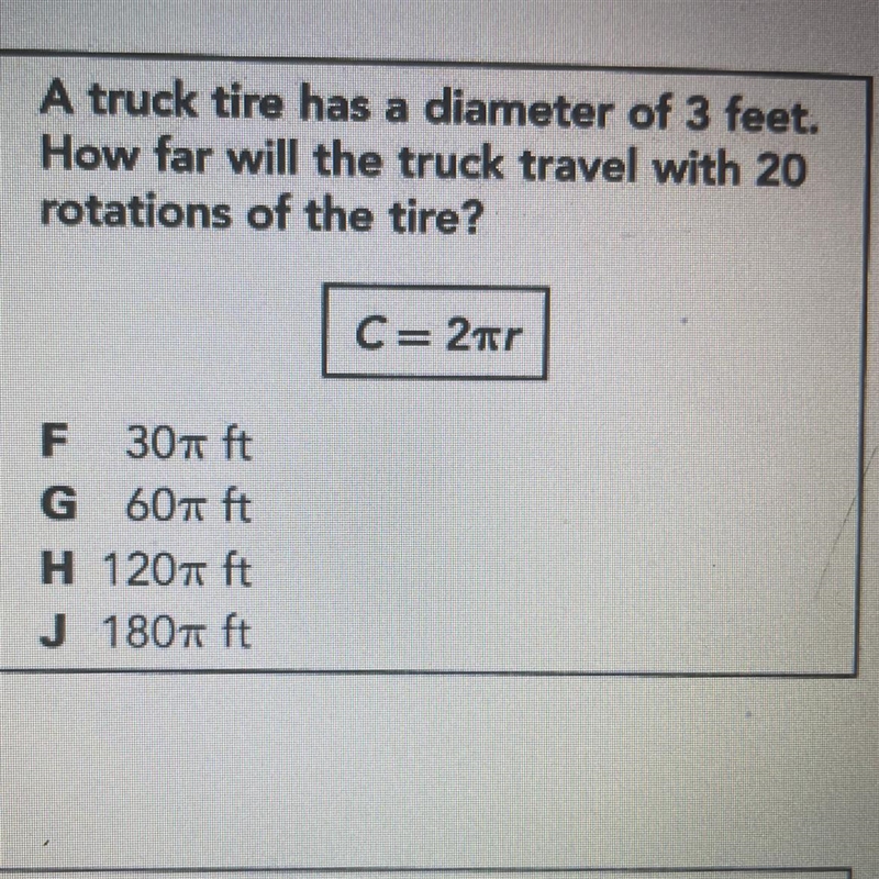 A truck tire has a diameter of 3 feet how far will the truck travel with 20 rotations-example-1