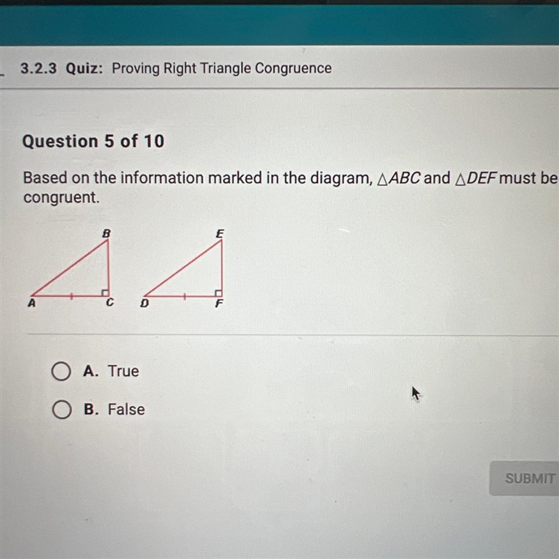 Based on the information marked in the diagram, ABC and DEF must be congruent. A. True-example-1