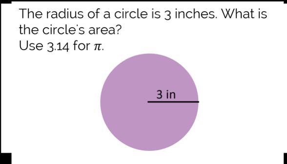 The radius of a circle is 3 inches. What is the circle’s area? Use 3.14 for . Answer-example-1