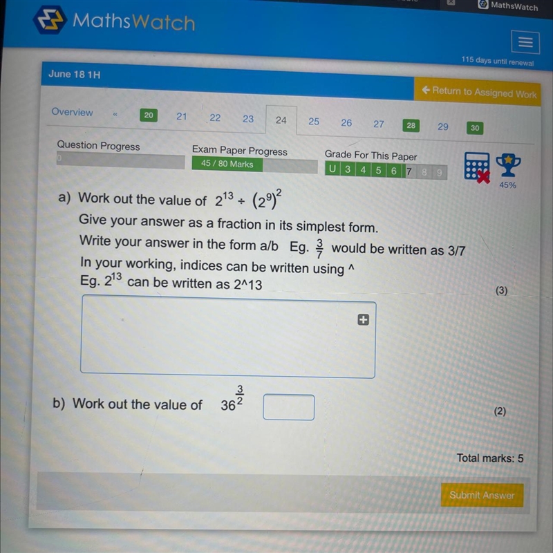 A) Work out the value of 213 + (29)2 Give your answer as a fraction in its simplest-example-1