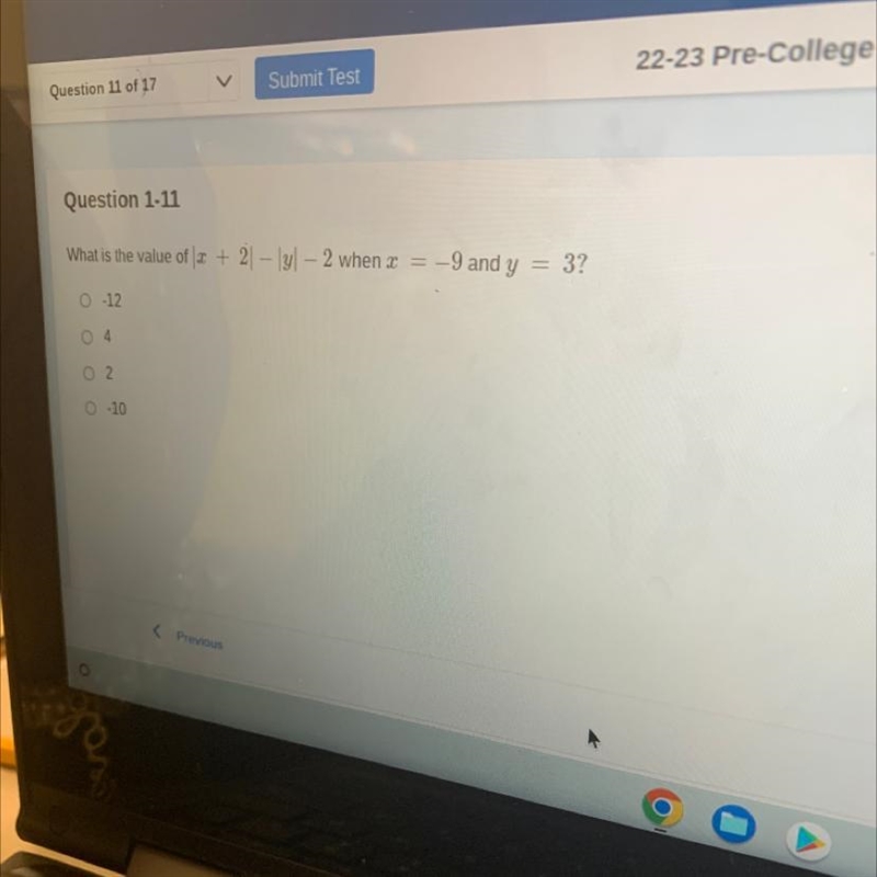 What is the value of x + 2|-|y| -2 when x = -9 and y = 3?-example-1