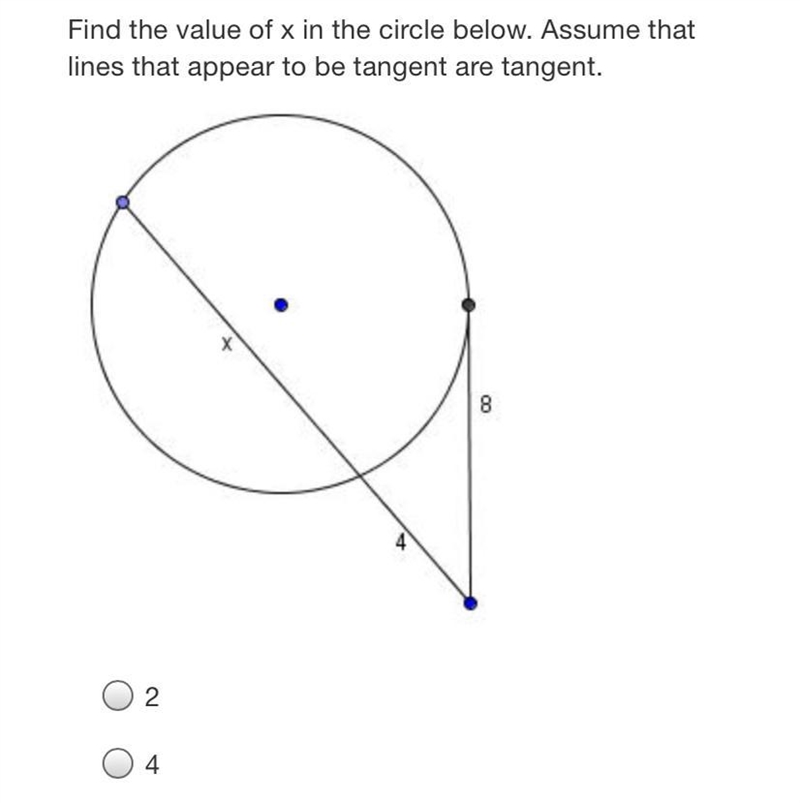 Find the value of x in the circle below. Assume that lines that appear to be tangent-example-1