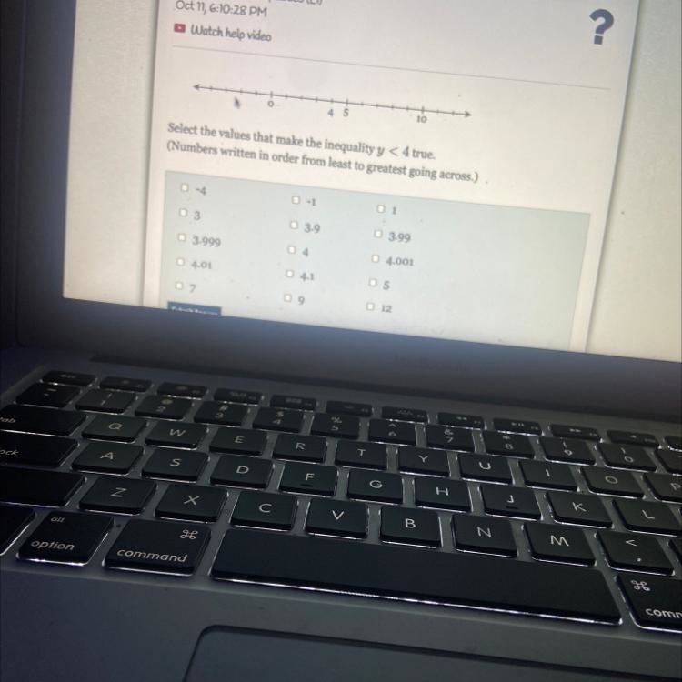 Select the values that make the inequality y < 4 true. (Numbers written in order-example-1