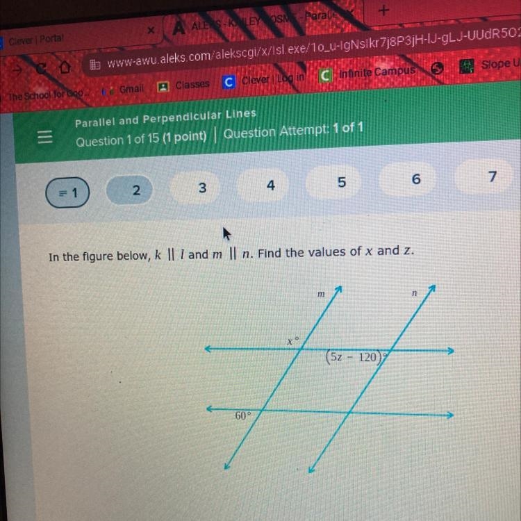 In the figure below, k Il and m || n. Find the values of x and z. A-example-1