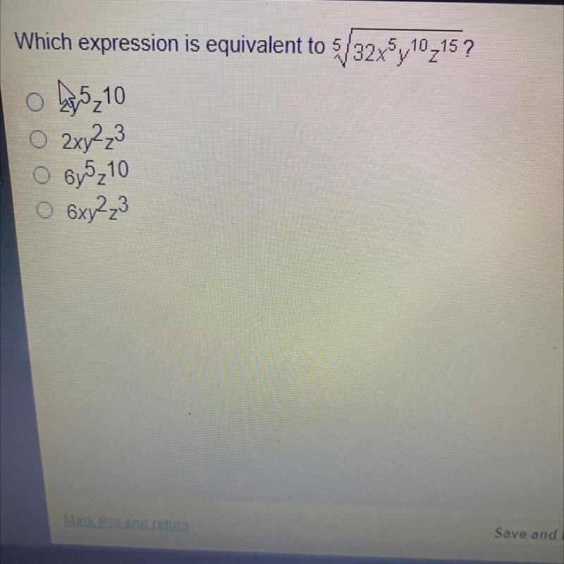 Which expression is equivalent to 5 sqrt 32x5y10z15?-example-1