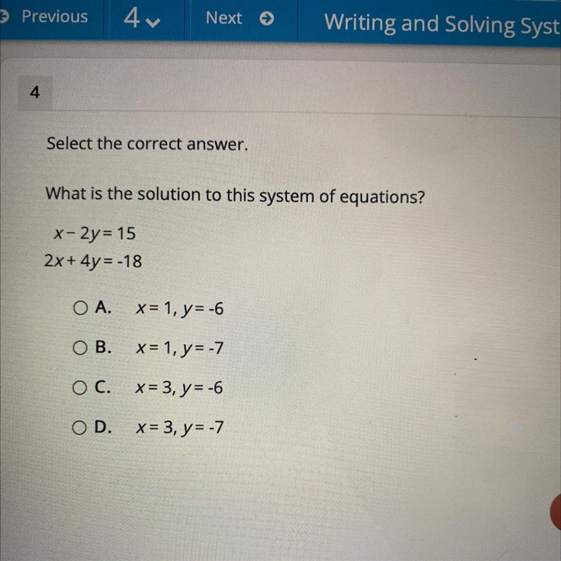 Select the correct answer. What is the solution to this system of equations? x-2y-example-1