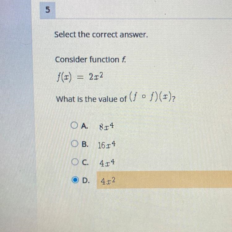 PLS HELP Select the correct answer. Consider function f. f(x) = 2x² What is the value-example-1