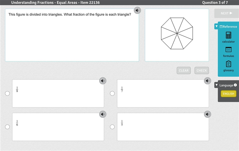 This figure is divided into triangles. What fraction of the figure is each triangle-example-1