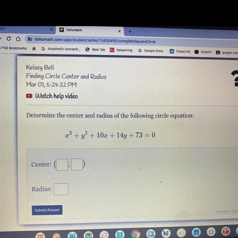 Determine the center and radius of the following circle equation:-example-1