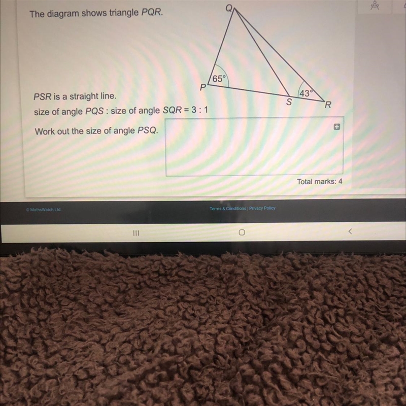 Og 30/0 Marks U *** 589 ody The diagram shows triangle PQR. 65° P 43 PSR is a straight-example-1