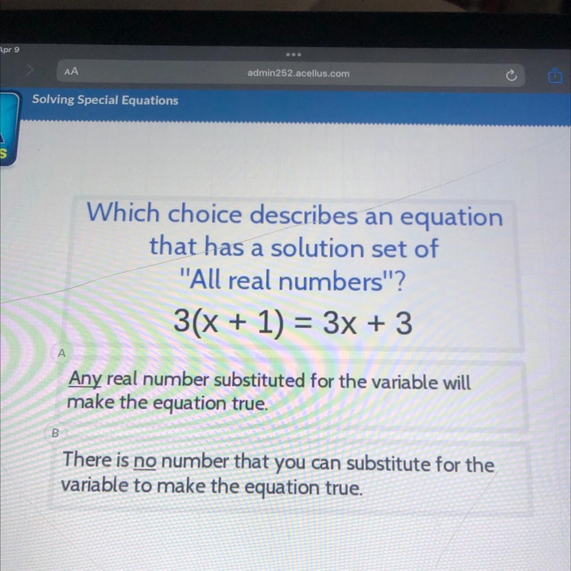 Which choice describes an equation that has a solution set of "All real numbers-example-1