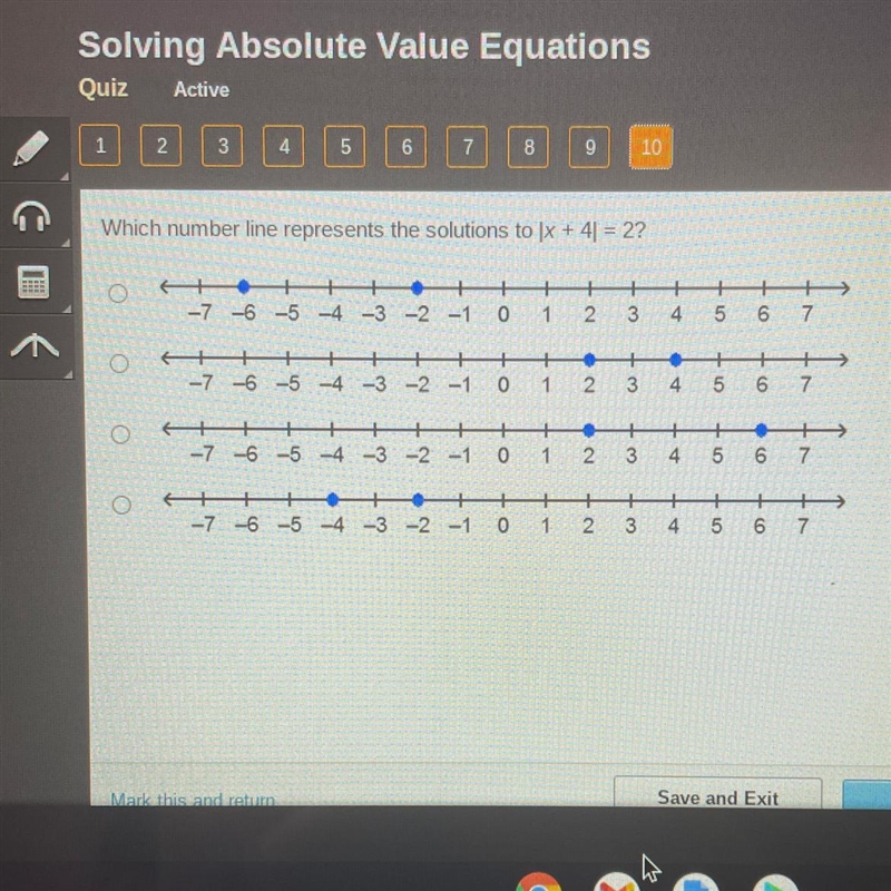 Which number line represents the solutions to x + 4) = 2?-example-1