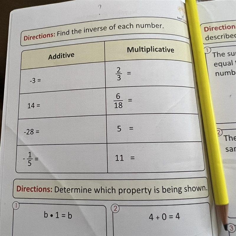 Directions: Find the inverse of each number. Additive -3 = 14 = -28 = -1/5 = Multiplicative-example-1