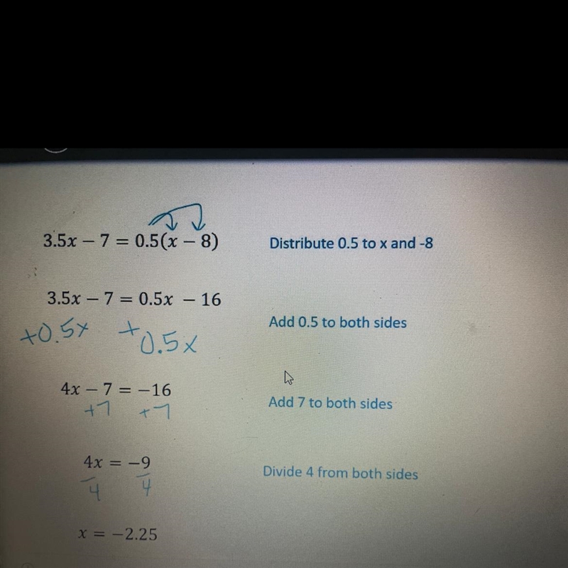 Saniya claims she found the solution of the equation 3.5x-7=0.5(x-8) her work is shown-example-1