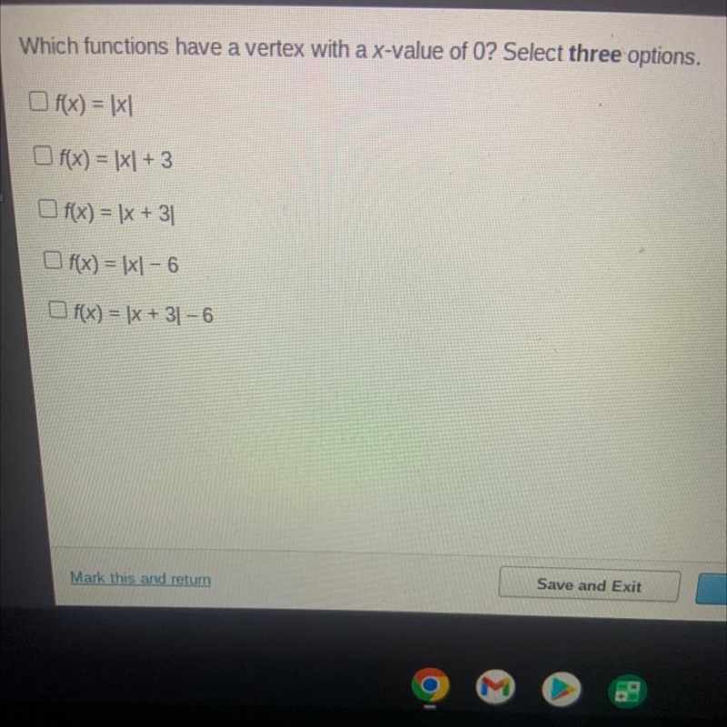 Which functions have a vertex with a x-value of 0? Select three options. Of(x) = lxl-example-1