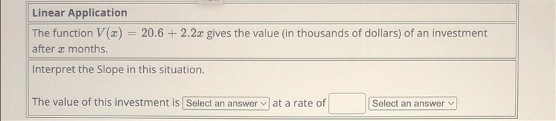 Linear ApplicationThe function V(x) = 20.6 +2.2x gives the value (in thousands of-example-1