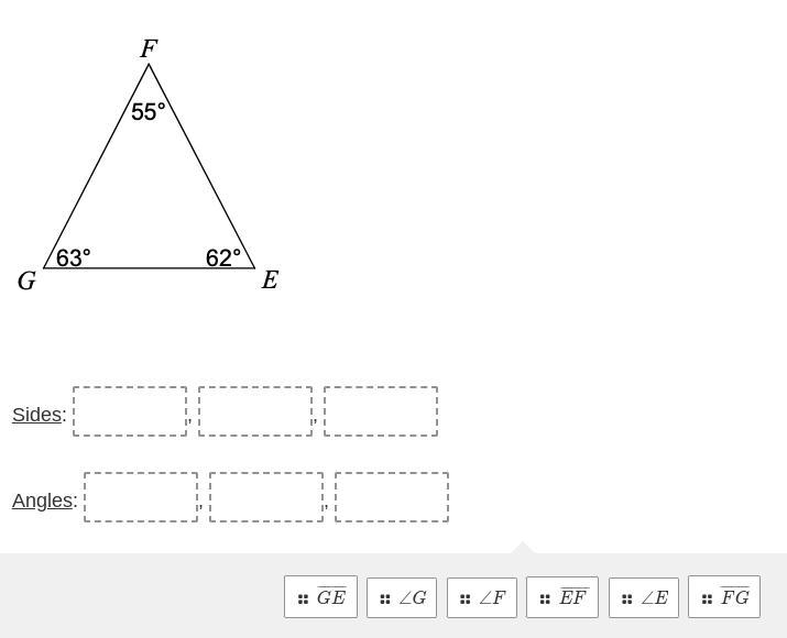 List the sides and angles of △GEF in order from smallest to largest. REFER TO ATTACHMENT-example-1