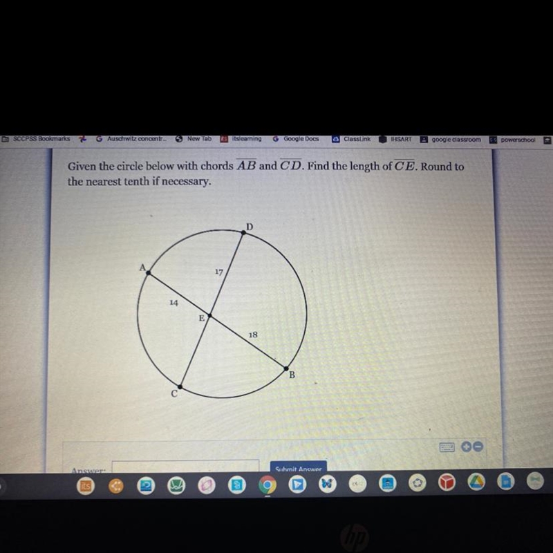 Given the circle below with chords AB and CD. Find the length of CE. Round to the-example-1